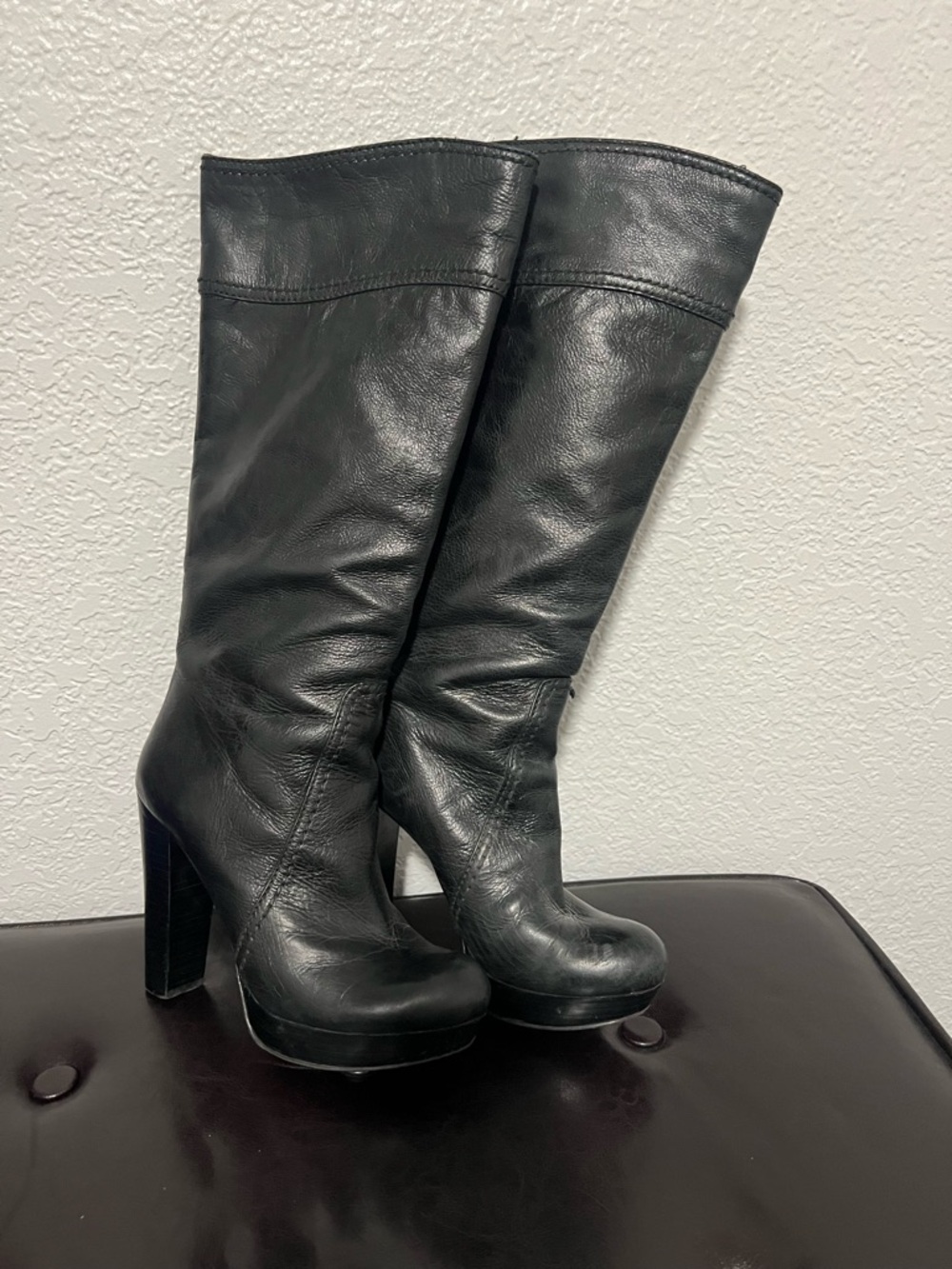 Vince Camuto Black Leather High-Heel Knee Boots